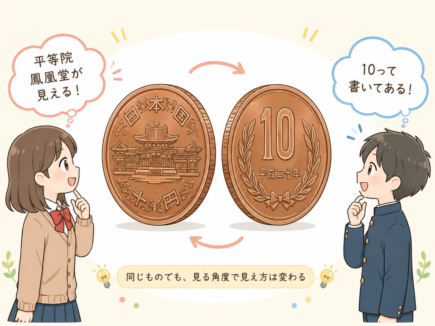 10円硬貨の両面を見つめる女の子と男の子。女の子は平等院鳳凰堂が見える面を指差し、男の子は10と書かれた面を見ている。