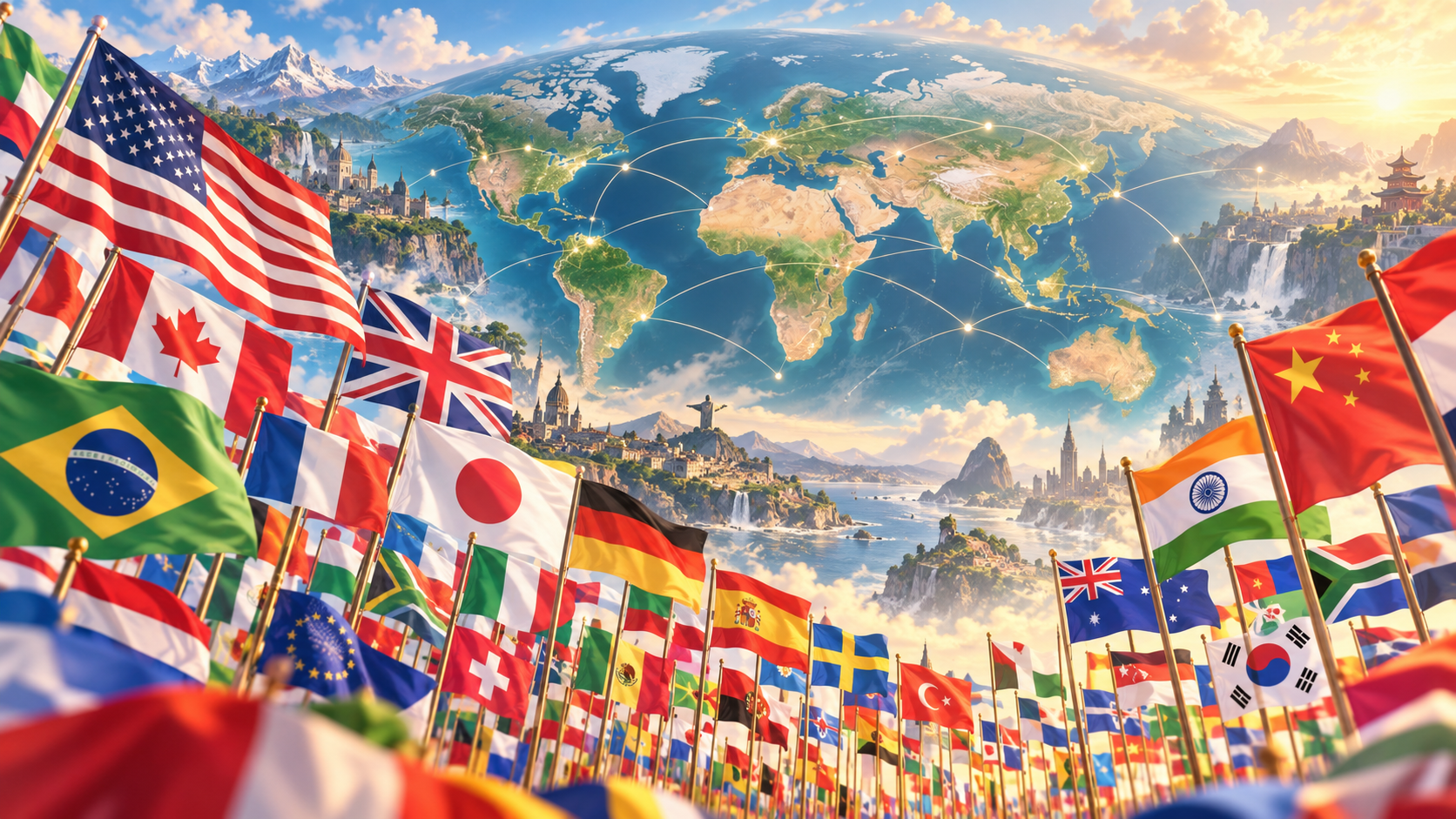 世界中の国旗が立ち並ぶ背景に、地球と風景が描かれた画像
